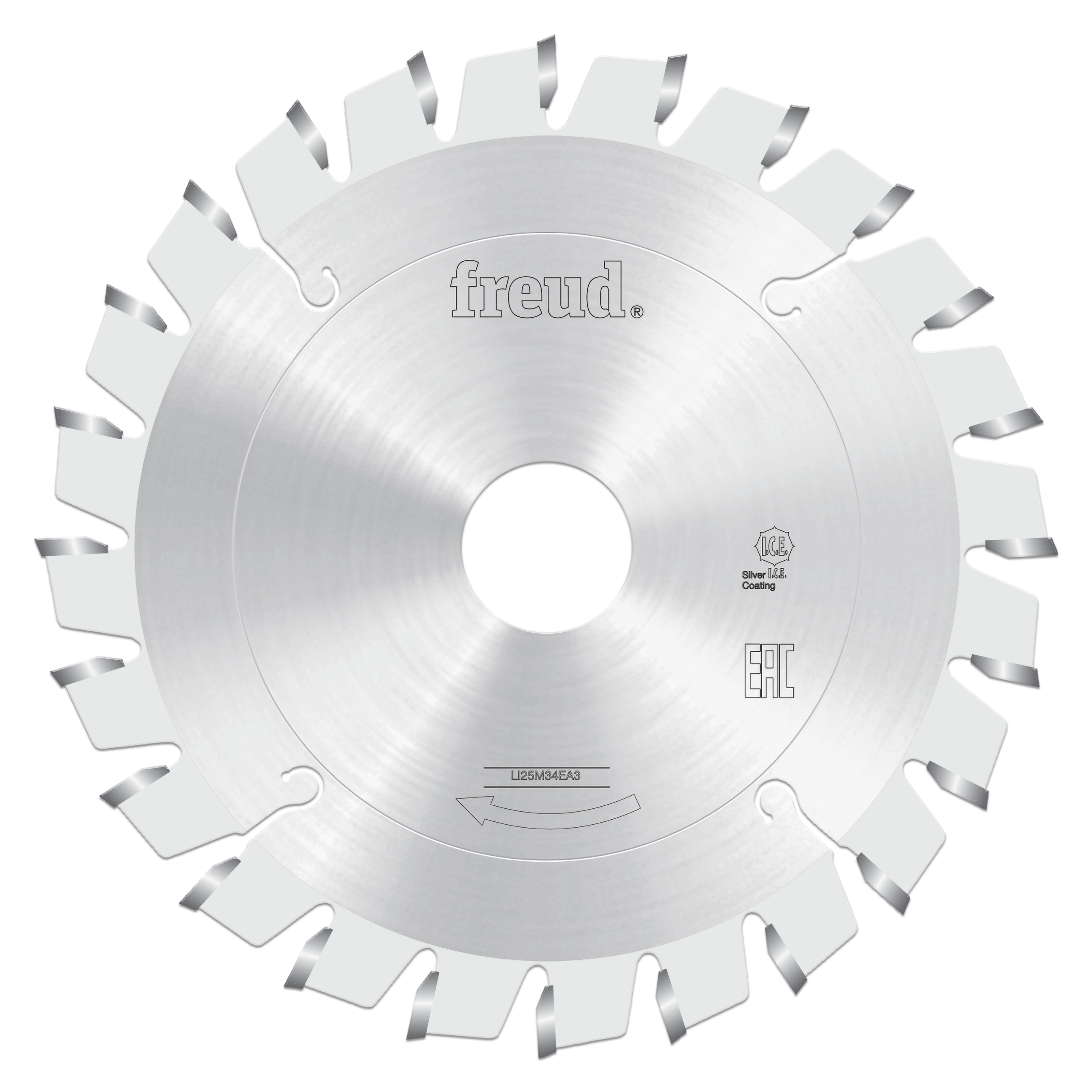 Freud 120mm conical scoring saw blade with multiple angled teeth arranged around silver steel body.