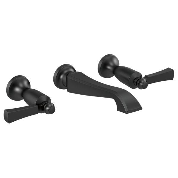 Black wall-mounted bathroom faucet trim with two lever handles and curved spout.