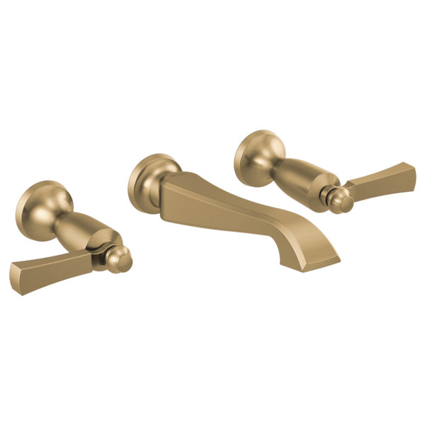 Champagne bronze wall-mount faucet trim with two lever handles and curved spout.