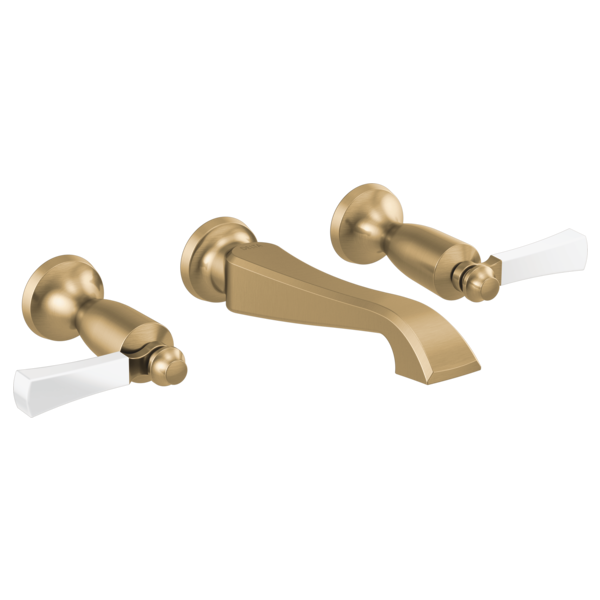 Champagne bronze wall-mount bathroom faucet trim with two white lever handles and curved spout.
