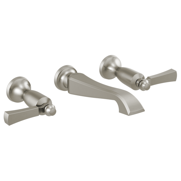 Brushed nickel two-handle wall-mount faucet trim with lever handles and curved spout.