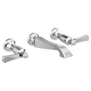 Chrome wall-mount faucet trim with two lever handles and curved spout.