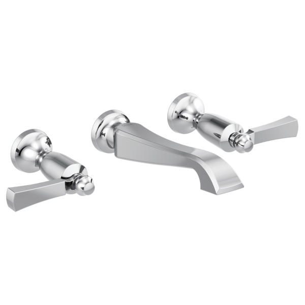 Chrome wall-mount faucet trim with two lever handles and curved spout.