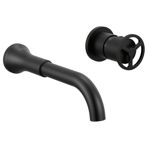 Black wall-mounted bathroom faucet trim with curved spout and separate wheel handle control.
