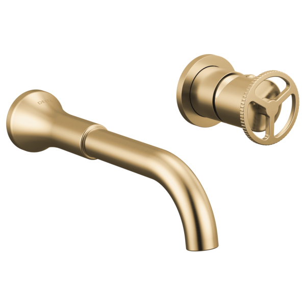 Champagne bronze wall-mount bathroom faucet trim with curved spout and wheel handle control.