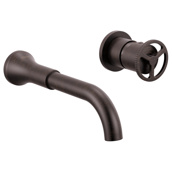 Dark bronze wall-mount bathroom faucet with curved spout and wheel handle valve trim.