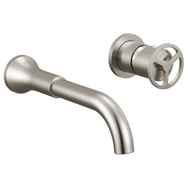 Brushed nickel wall-mount bathroom faucet trim with curved spout and wheel handle control valve.