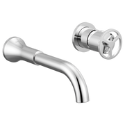 Chrome wall-mounted bathroom faucet trim with curved spout and wheel handle valve control.