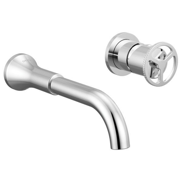 Chrome wall-mounted bathroom faucet trim with curved spout and wheel handle valve control.