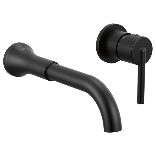 Black wall-mounted bathroom faucet trim with curved spout and single lever handle.