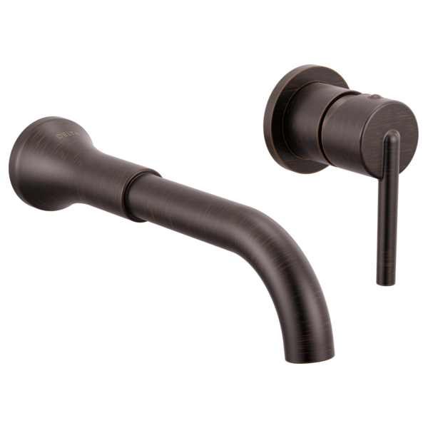 Black brushed metal wall-mount bathroom faucet trim with curved spout and lever handle.