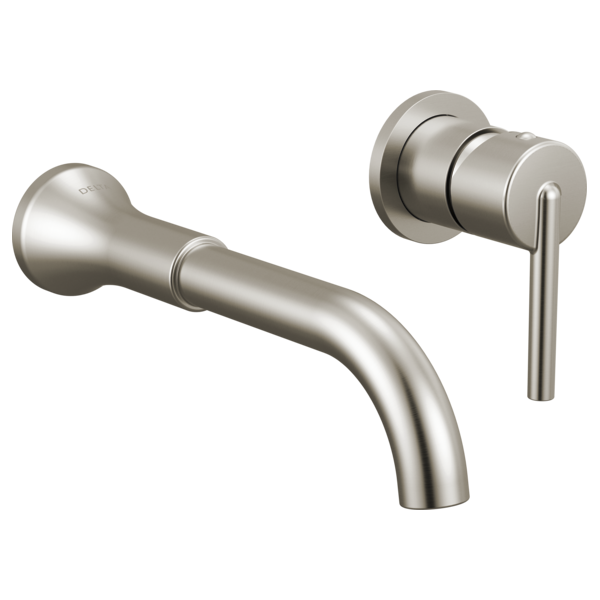 Brushed nickel wall-mount bathroom faucet with curved spout and single lever handle.