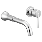 Chrome wall-mounted bathroom faucet with curved spout and single lever handle on right side.