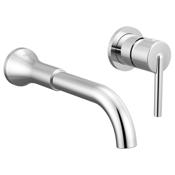 Chrome wall-mounted bathroom faucet with curved spout and single lever handle on right side.