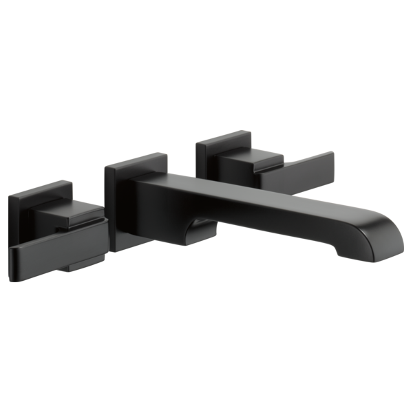 Black wall-mount bathroom faucet trim with two lever handles and curved spout.