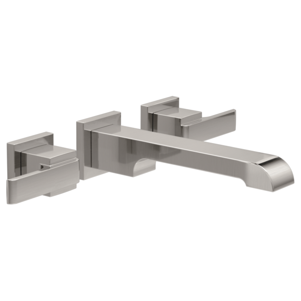 Chrome wall-mount faucet trim with two square handles and curved spout extending to the right.