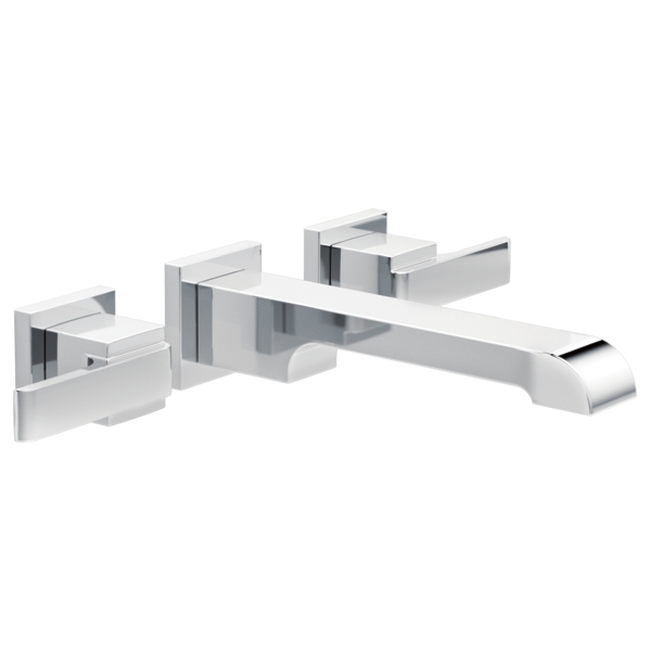 Chrome wall-mounted bathroom faucet trim with two rectangular handles and curved spout in modern geometric design.