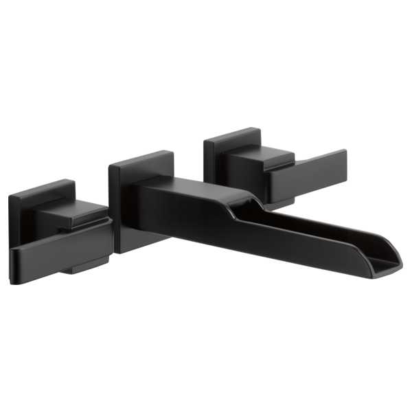 Black wall-mount bathroom faucet trim with two square handles and curved spout on horizontal base plate.