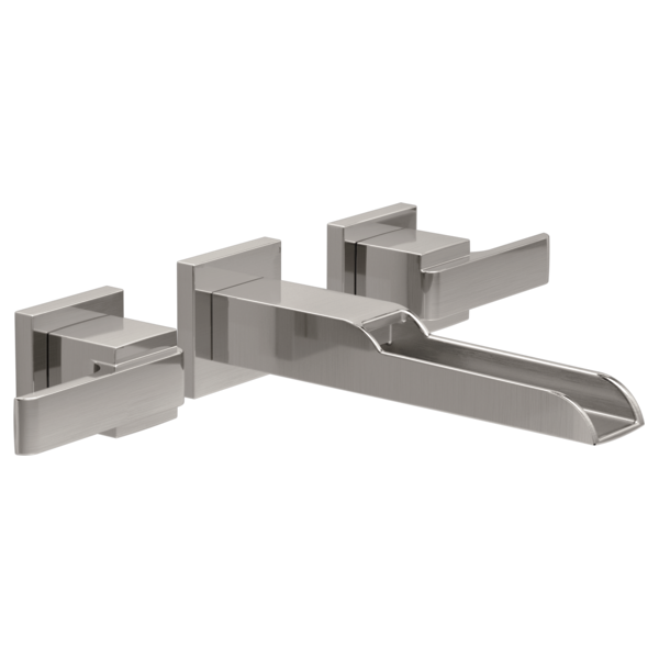 Brushed nickel wall-mounted bathroom faucet trim with two square handles and curved spout.