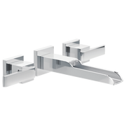 Chrome wall-mount bathroom faucet trim with two rectangular handles and curved spout.
