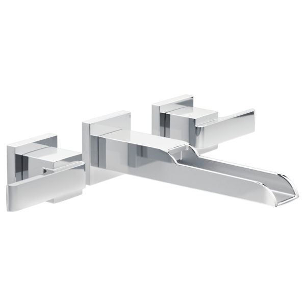 Chrome wall-mount bathroom faucet trim with two rectangular handles and curved spout.