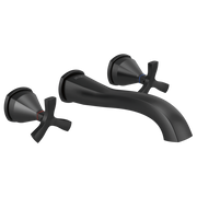 Black wall-mounted bathroom faucet with curved spout and two cross handles.