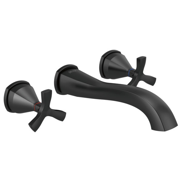 Black wall-mounted bathroom faucet with curved spout and two cross handles.