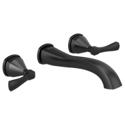 Black wall-mounted bathroom faucet with curved spout and two lever handles on either side.