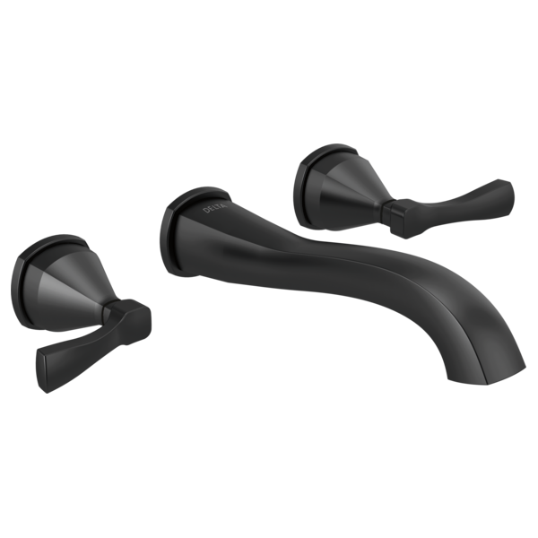 Black wall-mounted bathroom faucet with curved spout and two lever handles on either side.