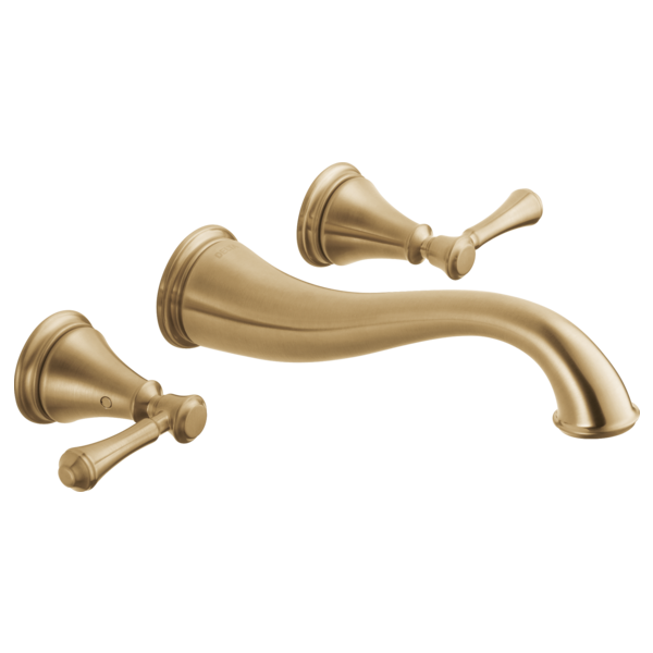 Champagne bronze wall-mount faucet trim with curved spout and two lever handles.