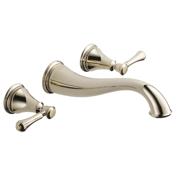 Two-handle wall-mount bathroom faucet trim in brushed nickel with curved spout and lever handles.