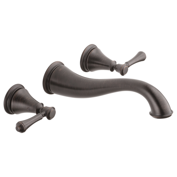 Oil-rubbed bronze two-handle wall-mounted bathroom faucet trim with curved spout and lever handles.