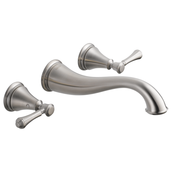 Brushed nickel wall-mounted bathroom faucet trim with curved spout and two lever handles.