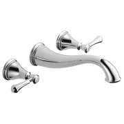 Polished chrome wall-mount bathroom faucet with curved spout and two lever handles.