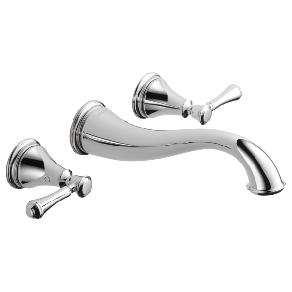 Polished chrome wall-mount bathroom faucet with curved spout and two lever handles.