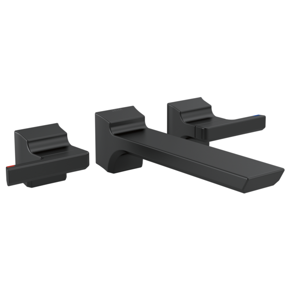 Black wall-mount faucet trim with two lever handles and horizontal spout.