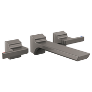 Gunmetal gray wall-mounted bathroom faucet trim with two lever handles and a long spout.