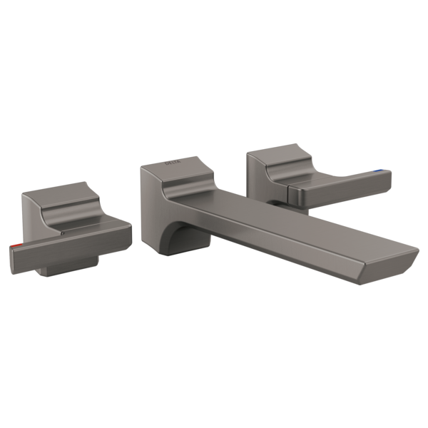 Gunmetal gray wall-mounted bathroom faucet trim with two lever handles and a long spout.