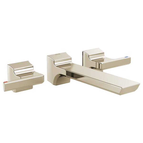 Chrome two-handle wall-mount bathroom faucet with rectangular spout and lever handles.