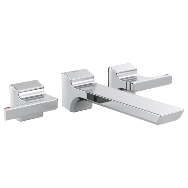 Chrome wall-mounted bathroom faucet trim with two lever handles and rectangular spout.