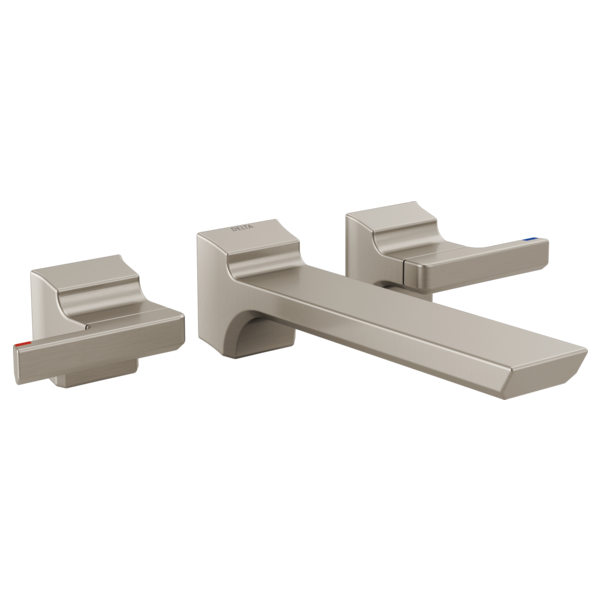 Brushed nickel wall-mount faucet trim with two lever handles and a horizontal spout.