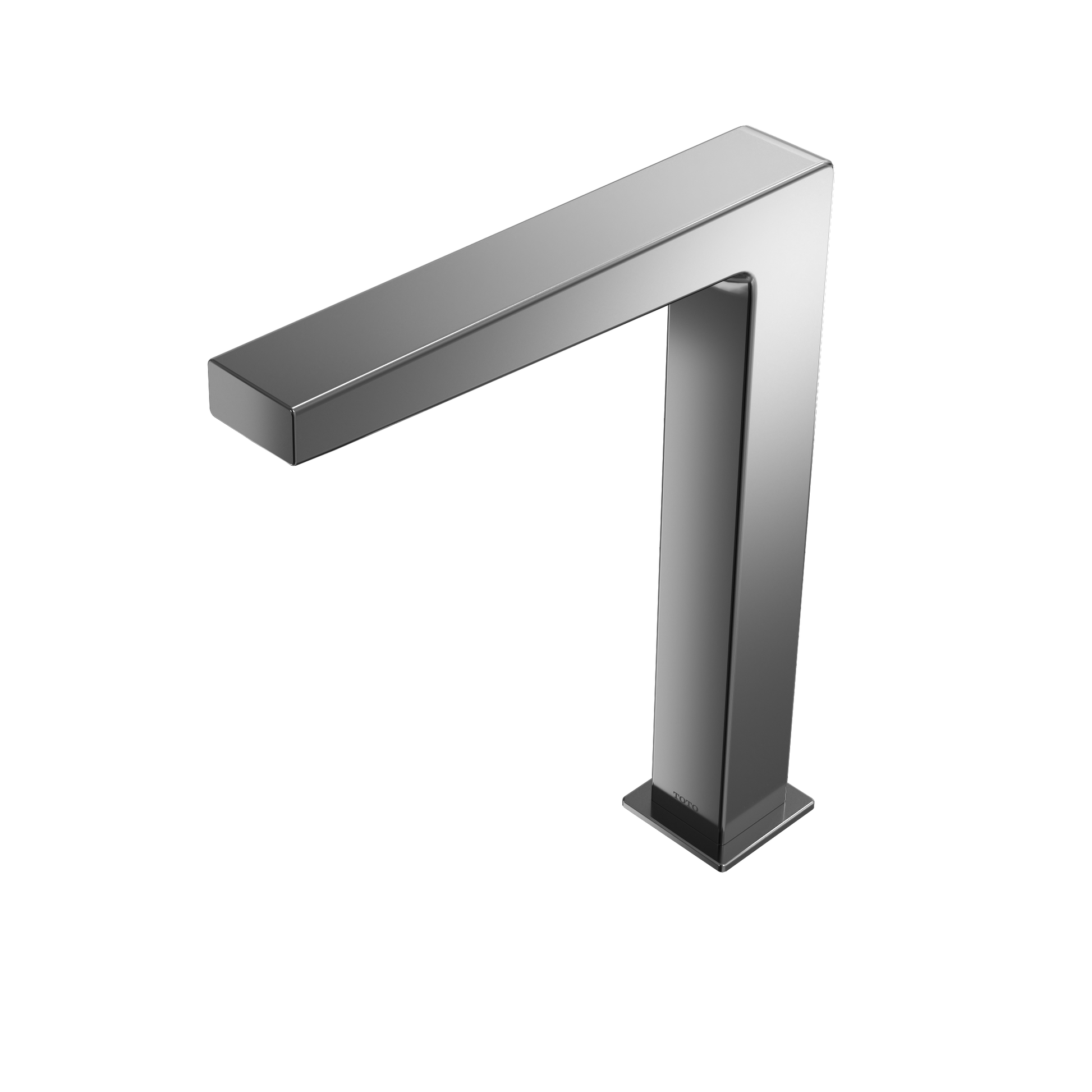 Polished chrome touchless vessel faucet with angled spout and tall rectangular base.