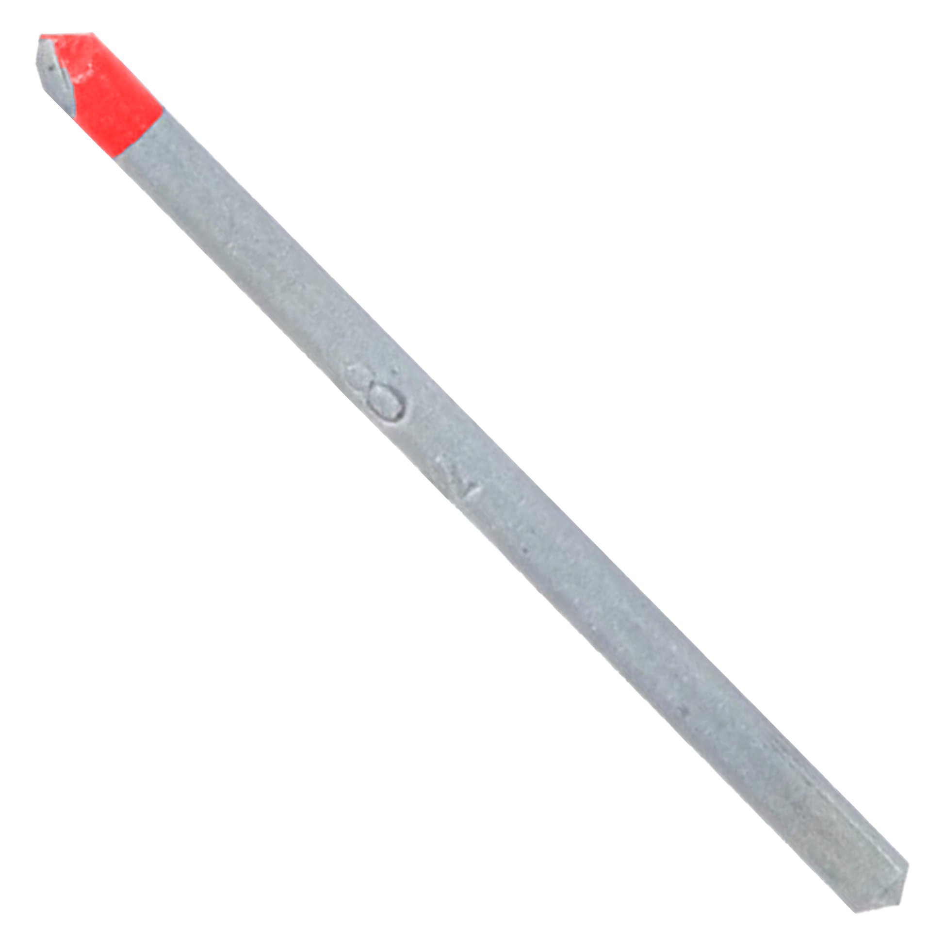 Gray carbide-tipped drill bit with red coating on the angled tip, 1/8 inch size.