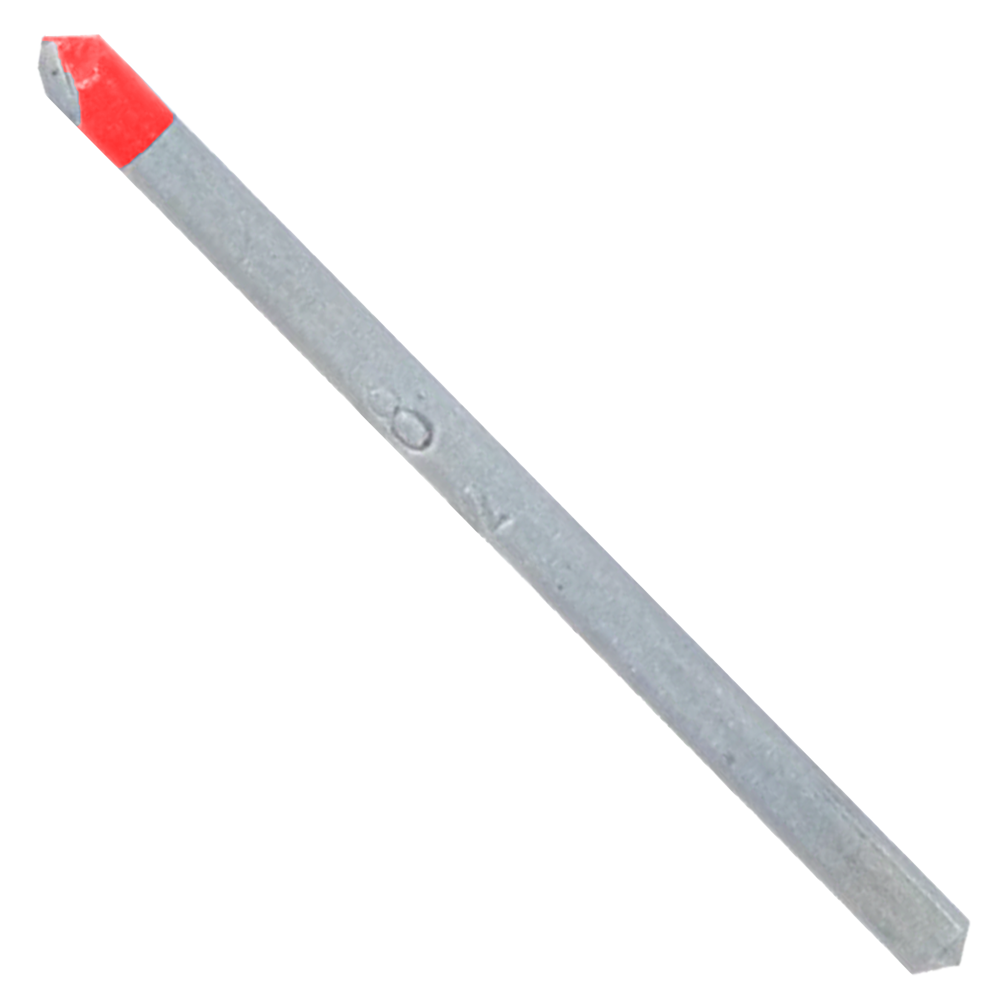 Gray carbide-tipped drill bit with red coating on the angled tip, 1/8 inch size.