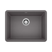 Cinder gray single bowl undermount sink with chrome drain strainer and rounded corners.