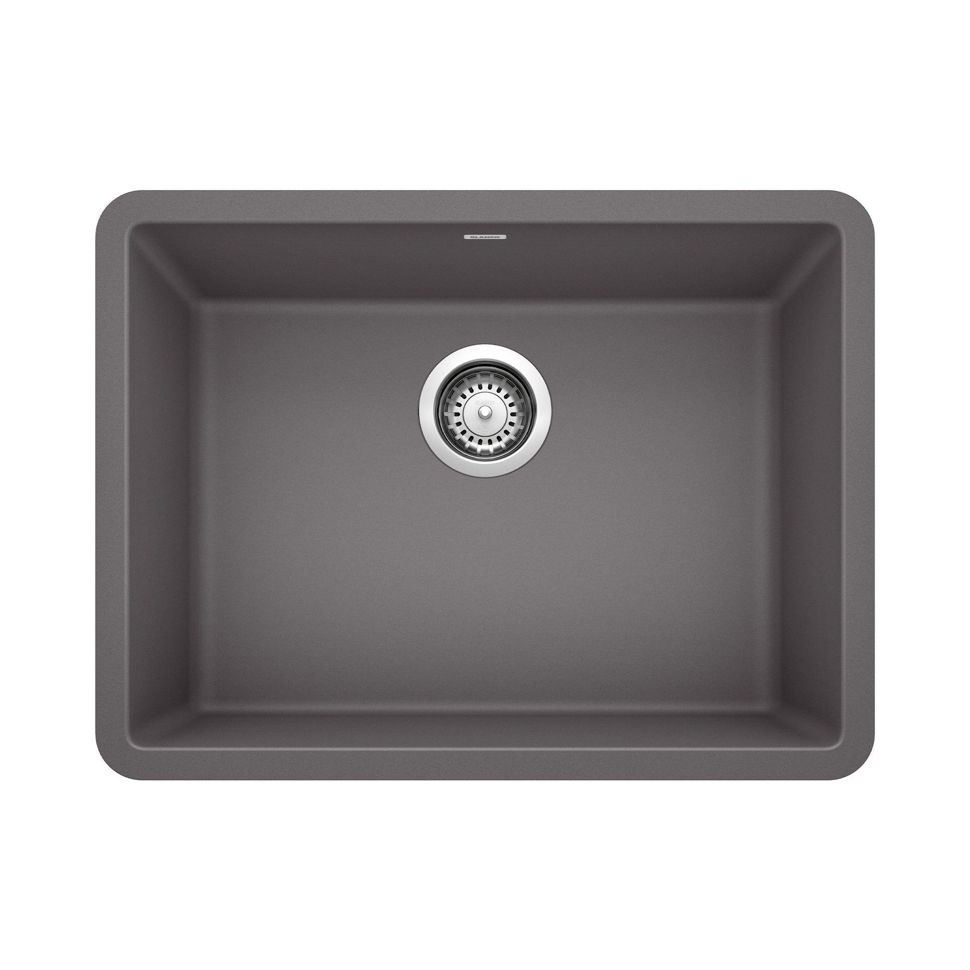 Cinder gray single bowl undermount sink with chrome drain strainer and rounded corners.