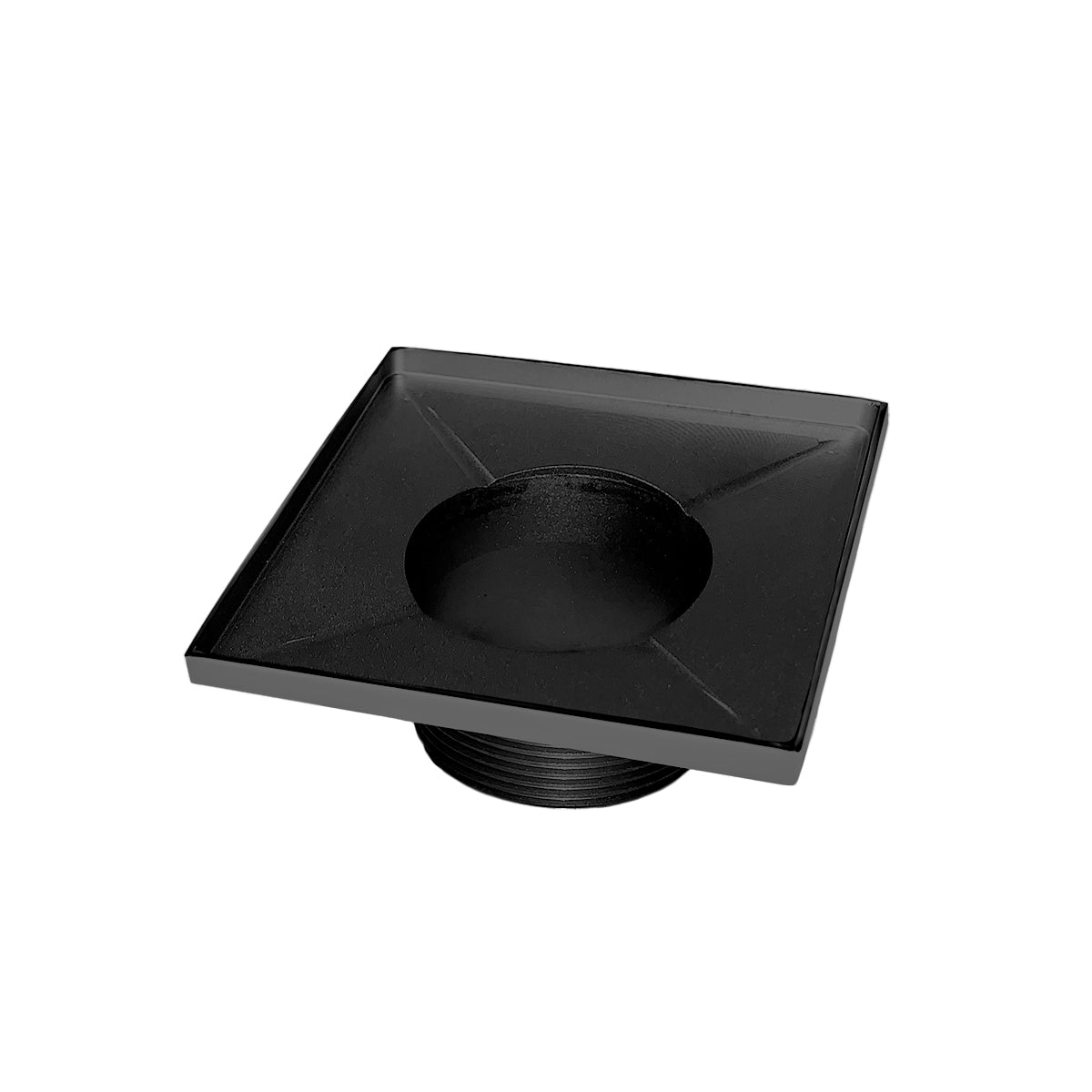 Matte black square drain with center opening and sloped surface, threaded connection base.