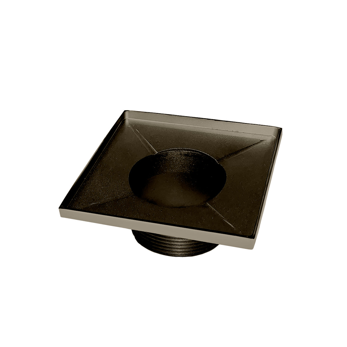 Oil-rubbed bronze square drain cover with center throat opening and sloped surface.