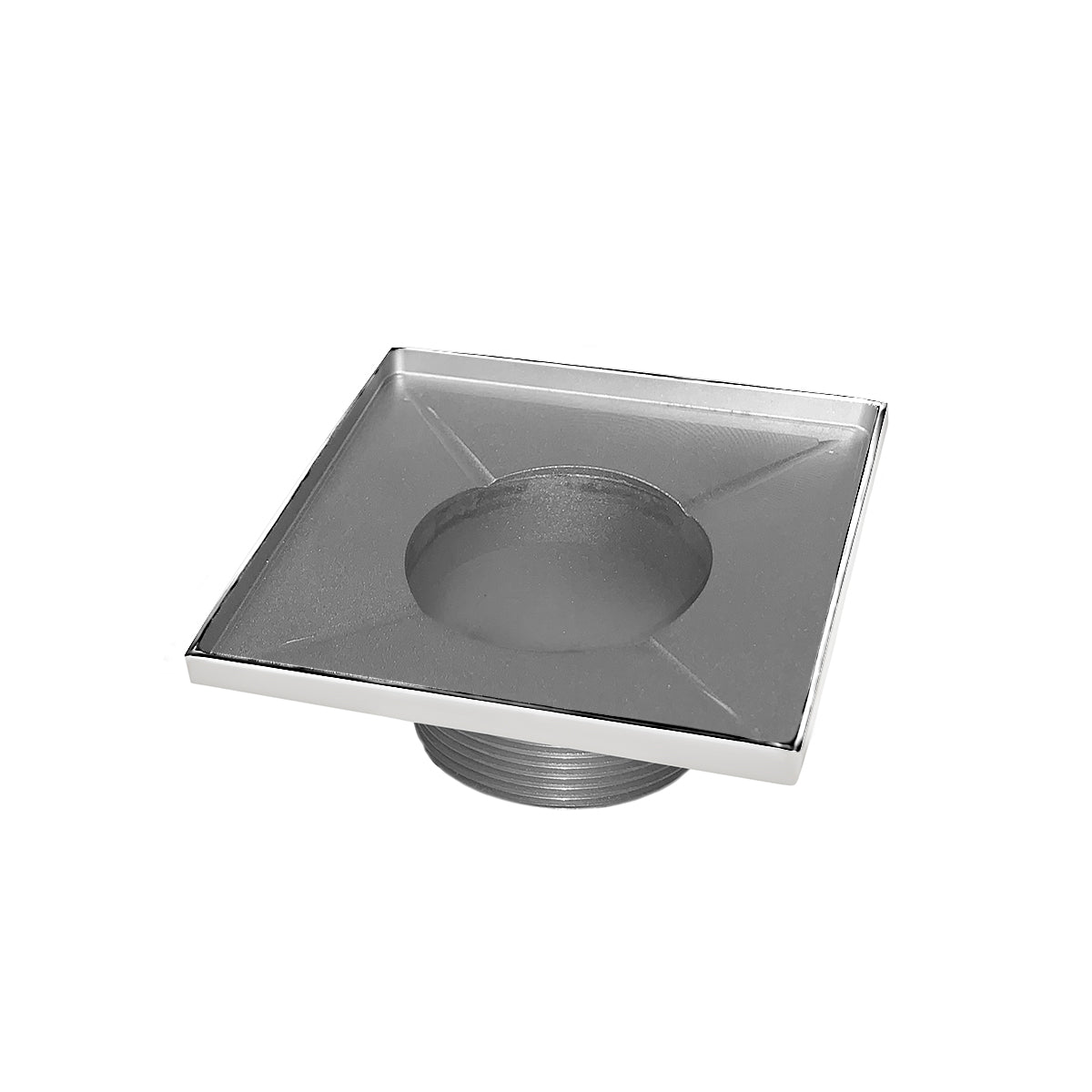 Square polished stainless steel floor drain with center outlet and sloped surface.