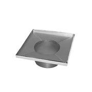 Square polished stainless steel floor drain with center outlet and sloped surface.
